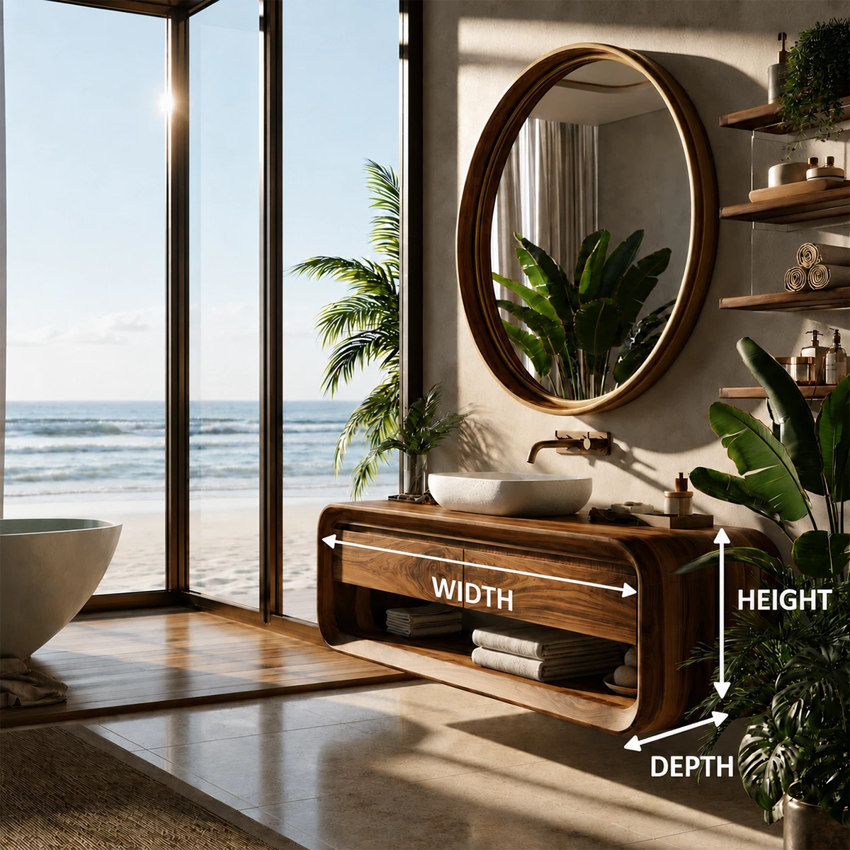 Organic Floating Bathroom Vanity With Rounded Wood Frame & Open Storage