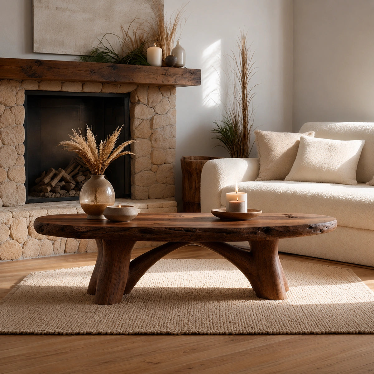 Natural Solid Wood Live Edge Coffee Table with Sculptural Branch Base