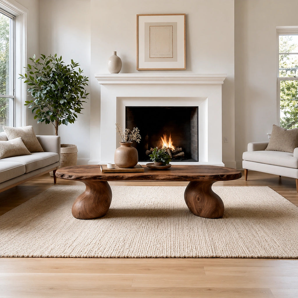 Natural Solid Wood Live Edge Coffee Table with Sculptural Curved Pedestal Legs