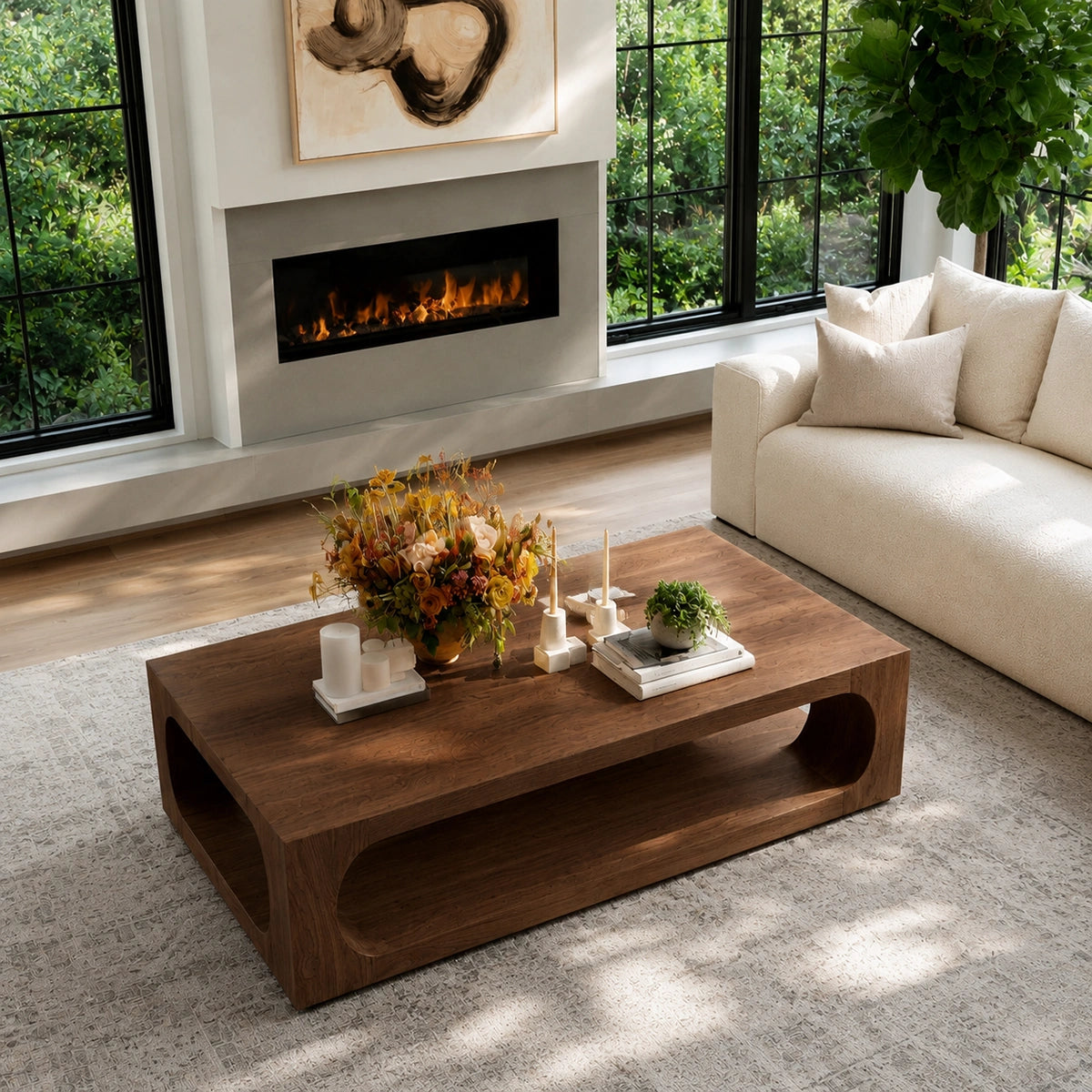 Natural Solid Wood Coffee Table with Open Shelf – Modern Style