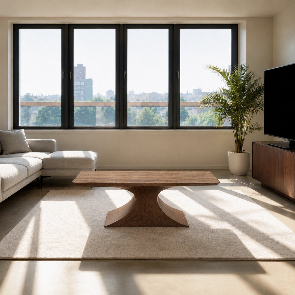 Natural Solid Wood Coffee Table – Sculptural Pedestal Modern Style