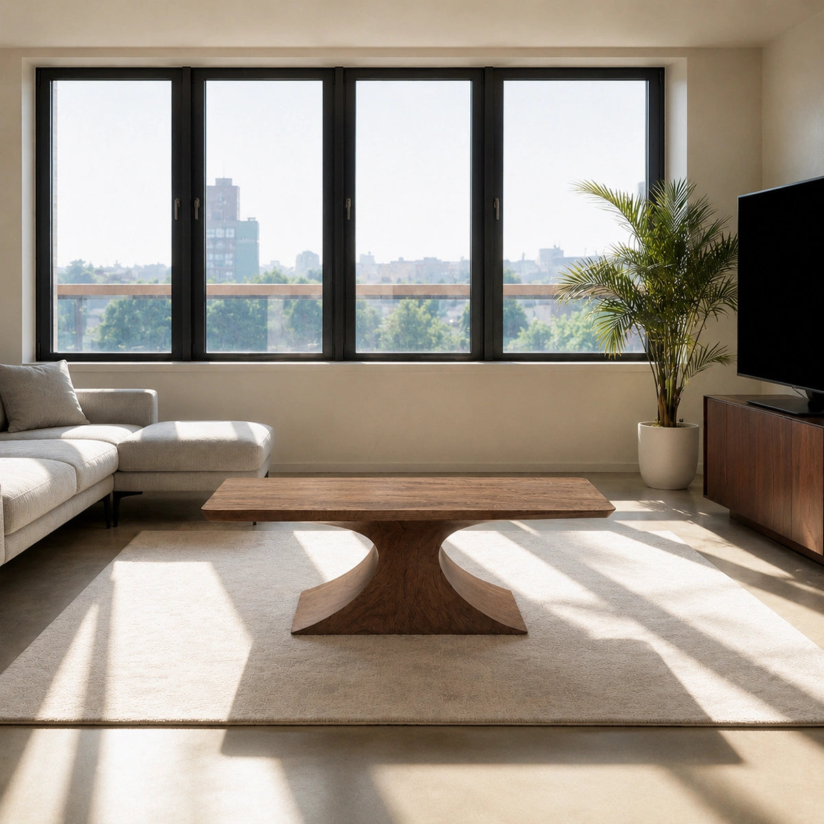 Natural Solid Wood Coffee Table – Sculptural Pedestal Modern Style