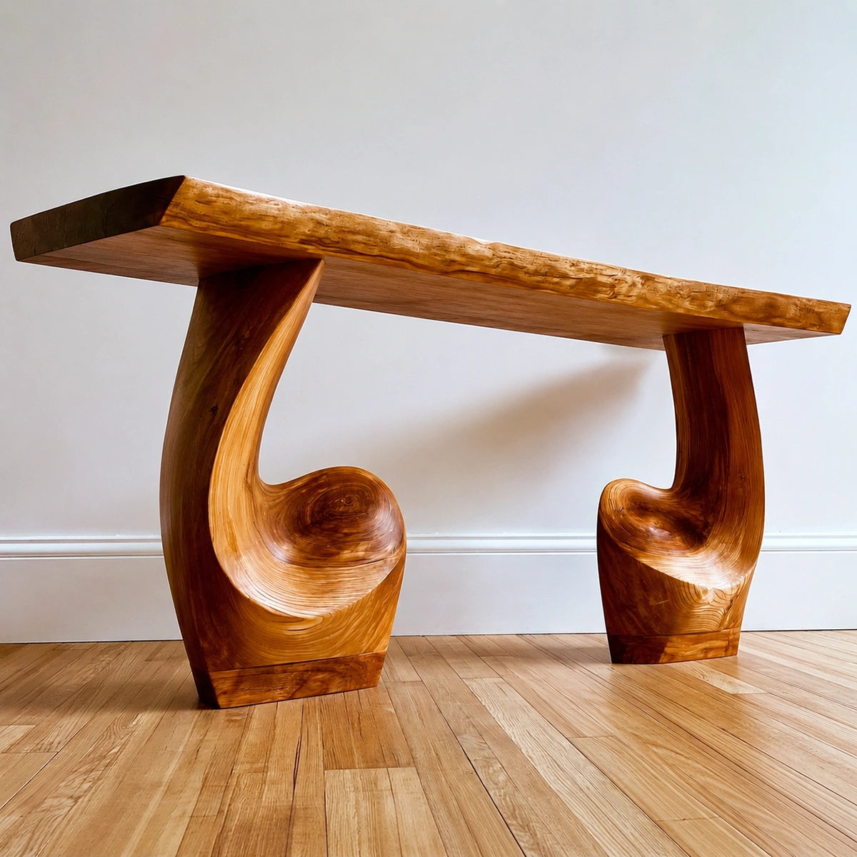Live Edge Natural Solid Wood Console Table with Sculptural Carved Pedestal Base