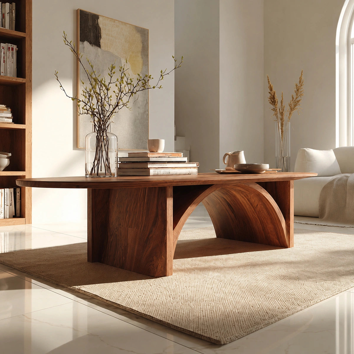 Natural Solid Wood Oval Coffee Table with Sculptural Arch Base