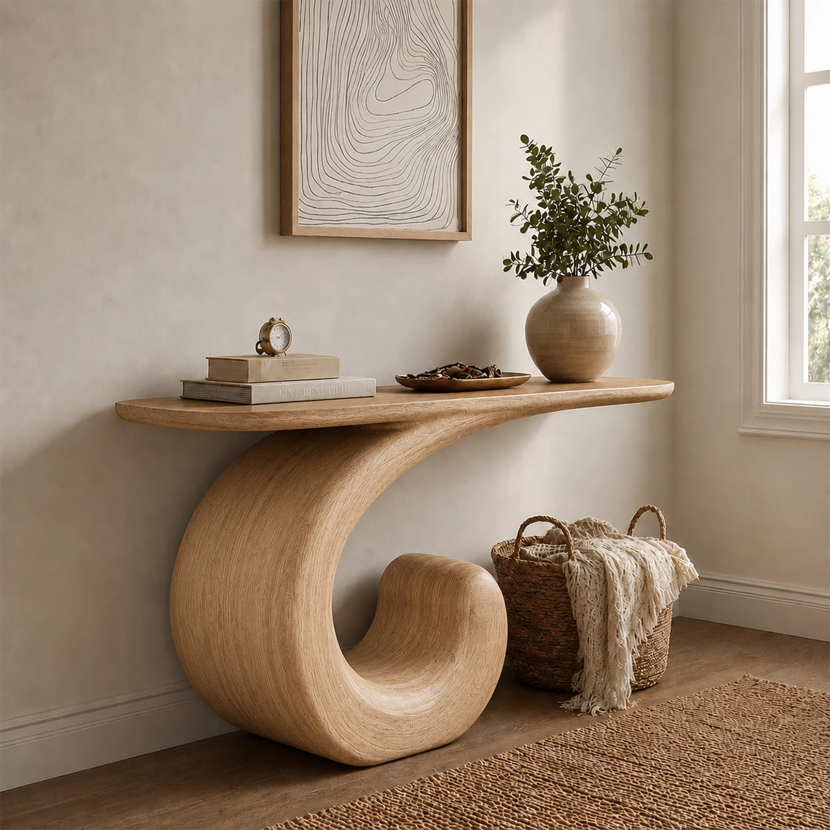 Sculptural Spiral Console Table in Natural Solid Wood