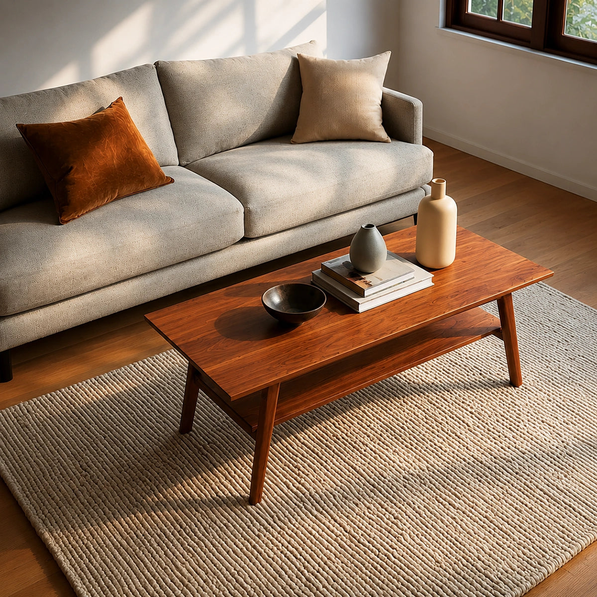 Natural Solid Wood Coffee Table with Lower Shelf and Tapered Legs