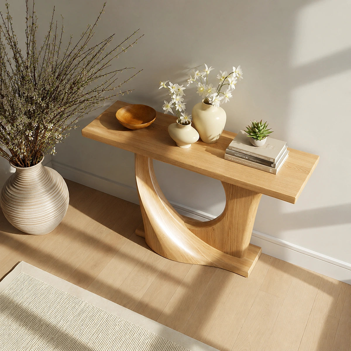 Natural Solid Wood Console Table with Sculptural Circle Base