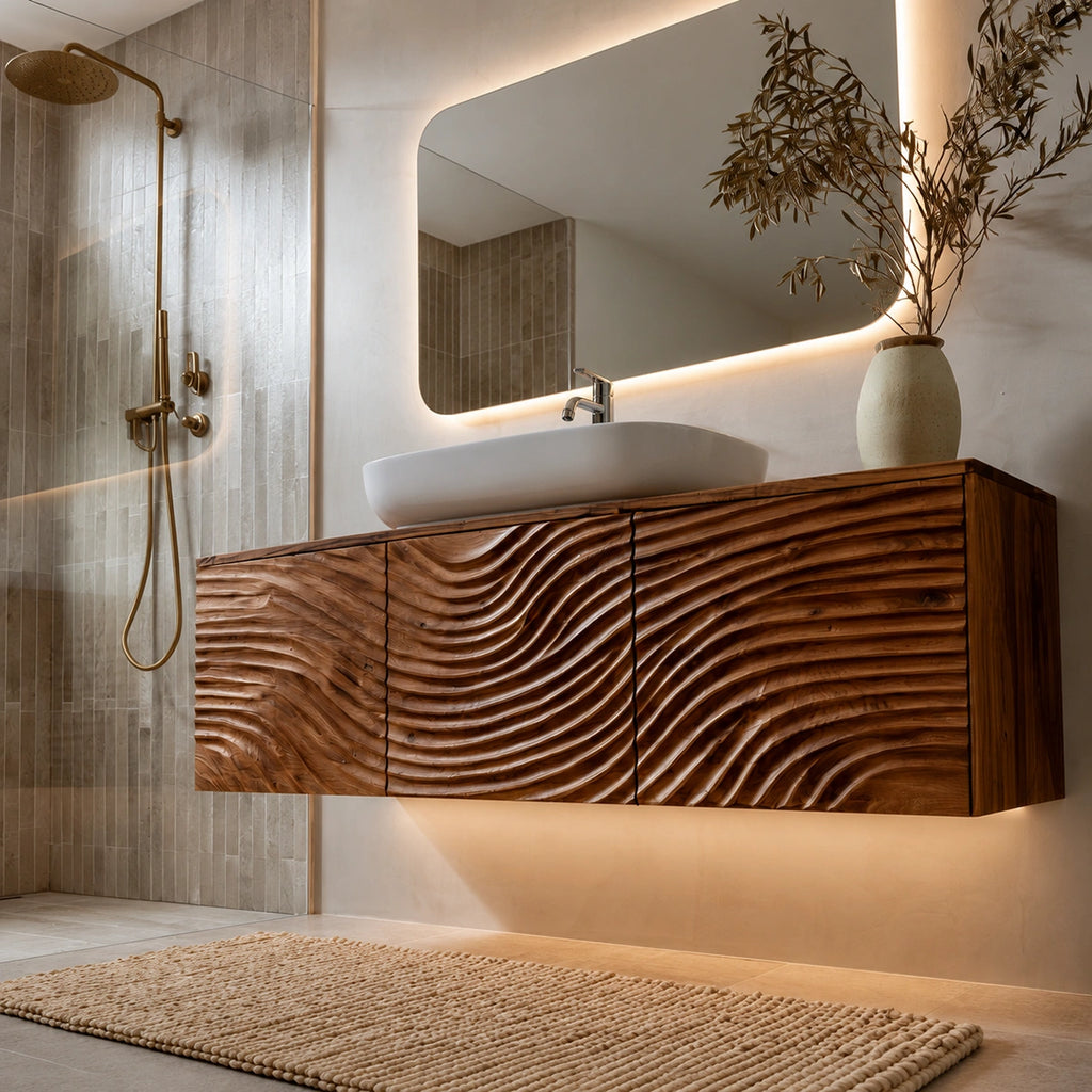 Natural Solid Wood Bathroom Cabinet – Sculpted Wave Modern Style