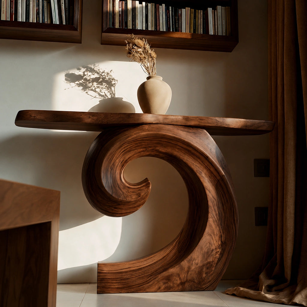 Spiral Base Natural Solid Wood Console Table for Modern Interiors