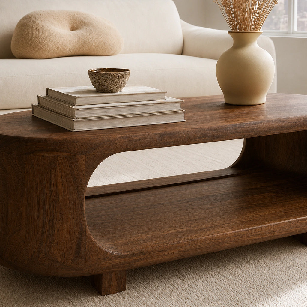 Natural Solid Wood Coffee Table – Rounded Japandi Modern Style