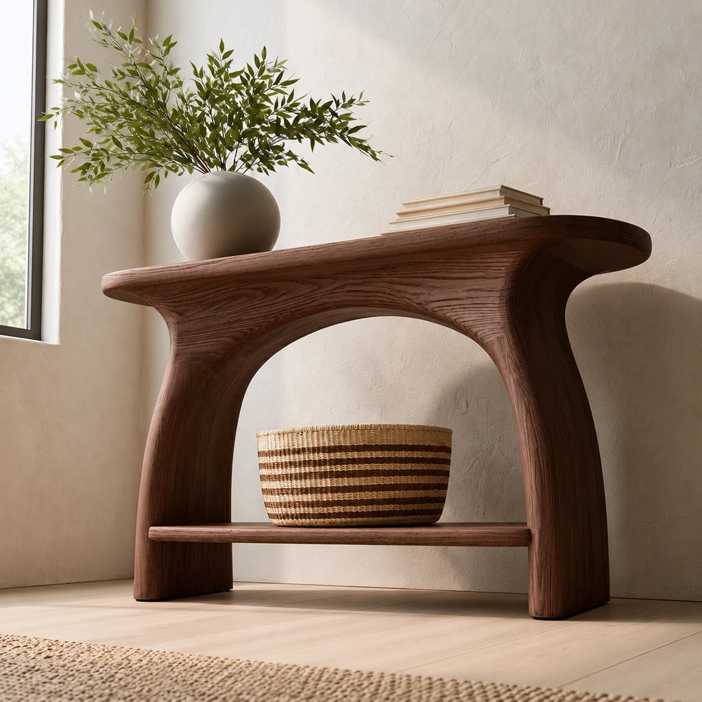 Natural Solid Wood Console Table with Sculptural Arch Base and Open Shelf
