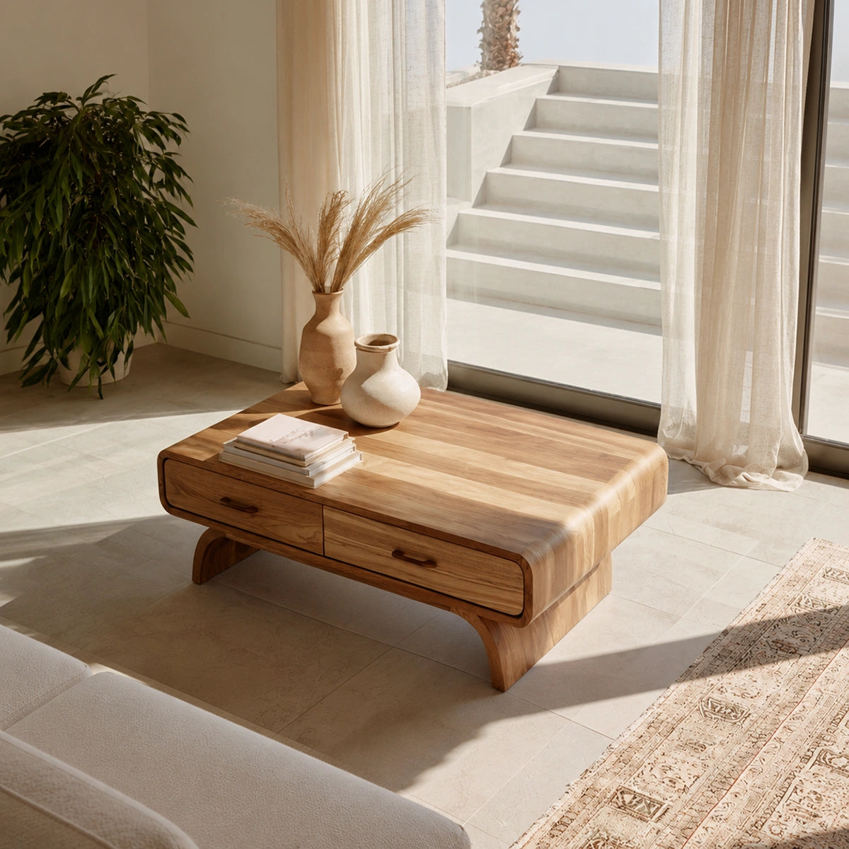Natural Solid Wood Coffee Table with 2 Drawers – Rounded Japandi Style
