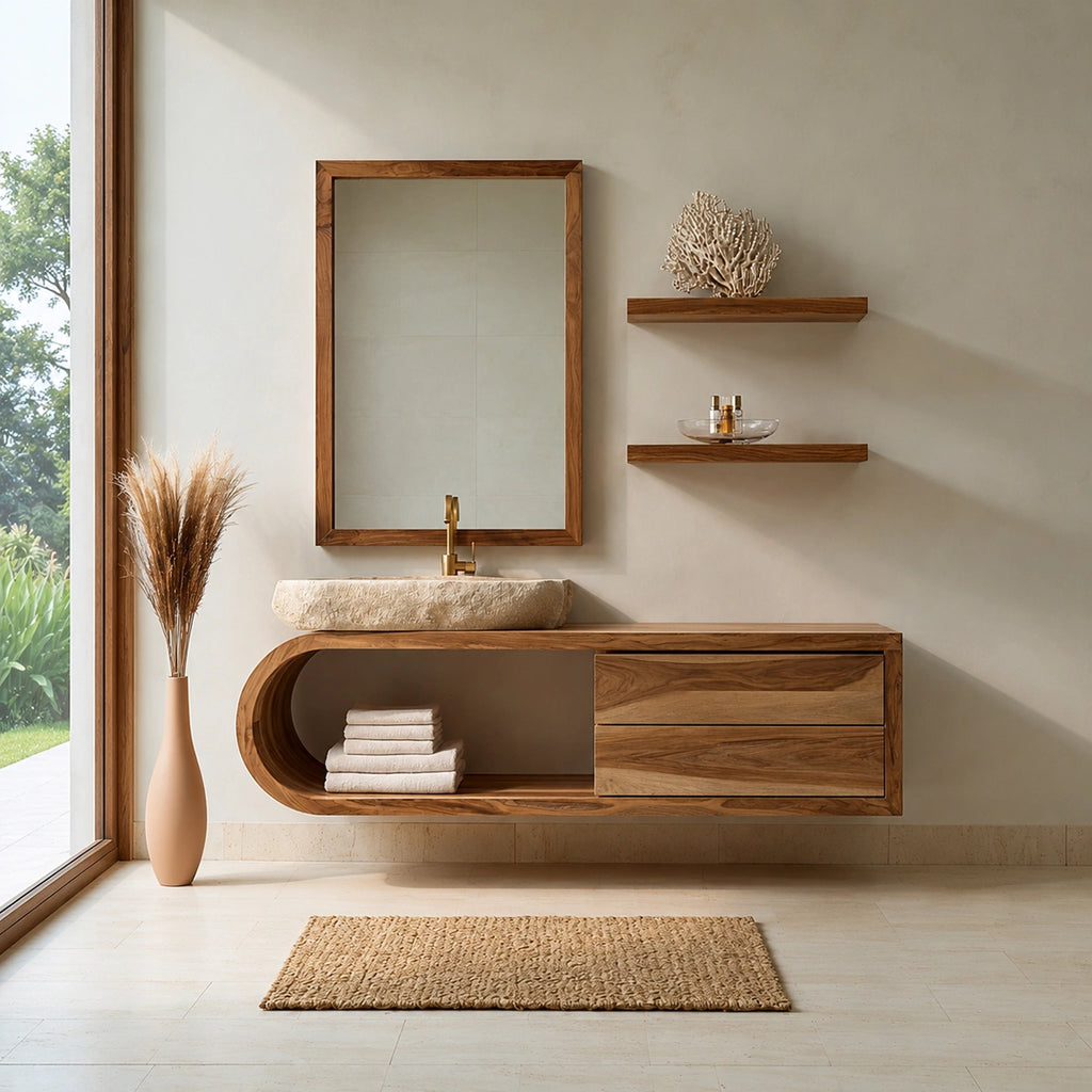 Natural Solid Wood Bathroom Cabinet with 4 Drawers – Wave Front Modern Style