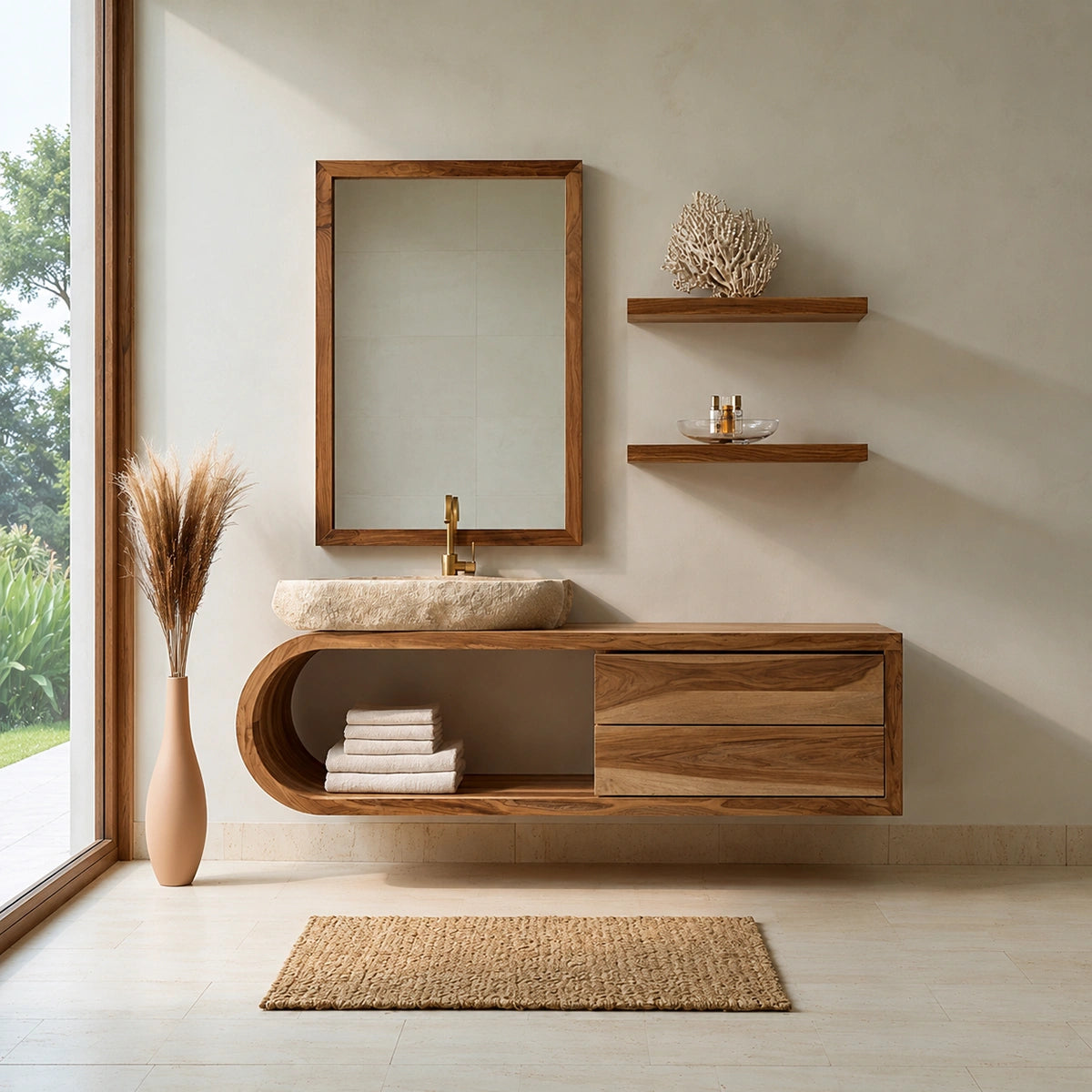 Natural Solid Wood Bathroom Cabinet with 4 Drawers – Wave Front Modern Style