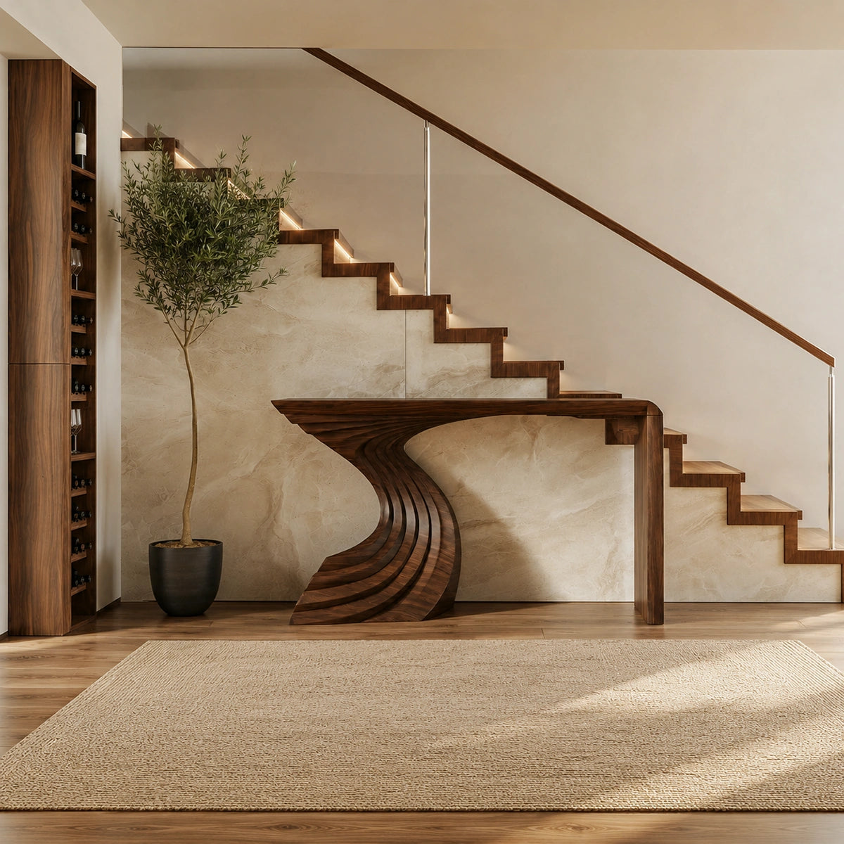 Sculptural Wave Base Natural Solid Wood Console Table for Entryways