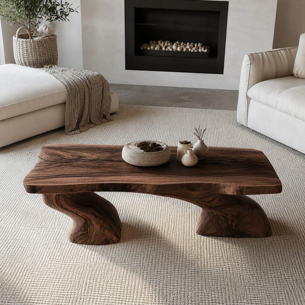 Natural Solid Wood Coffee Table with Sculptural Curved Base