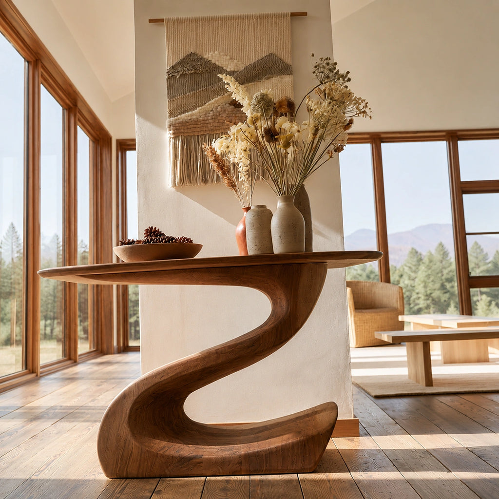 Sculptural Natural Solid Wood Console Table with Flowing S Curve Base