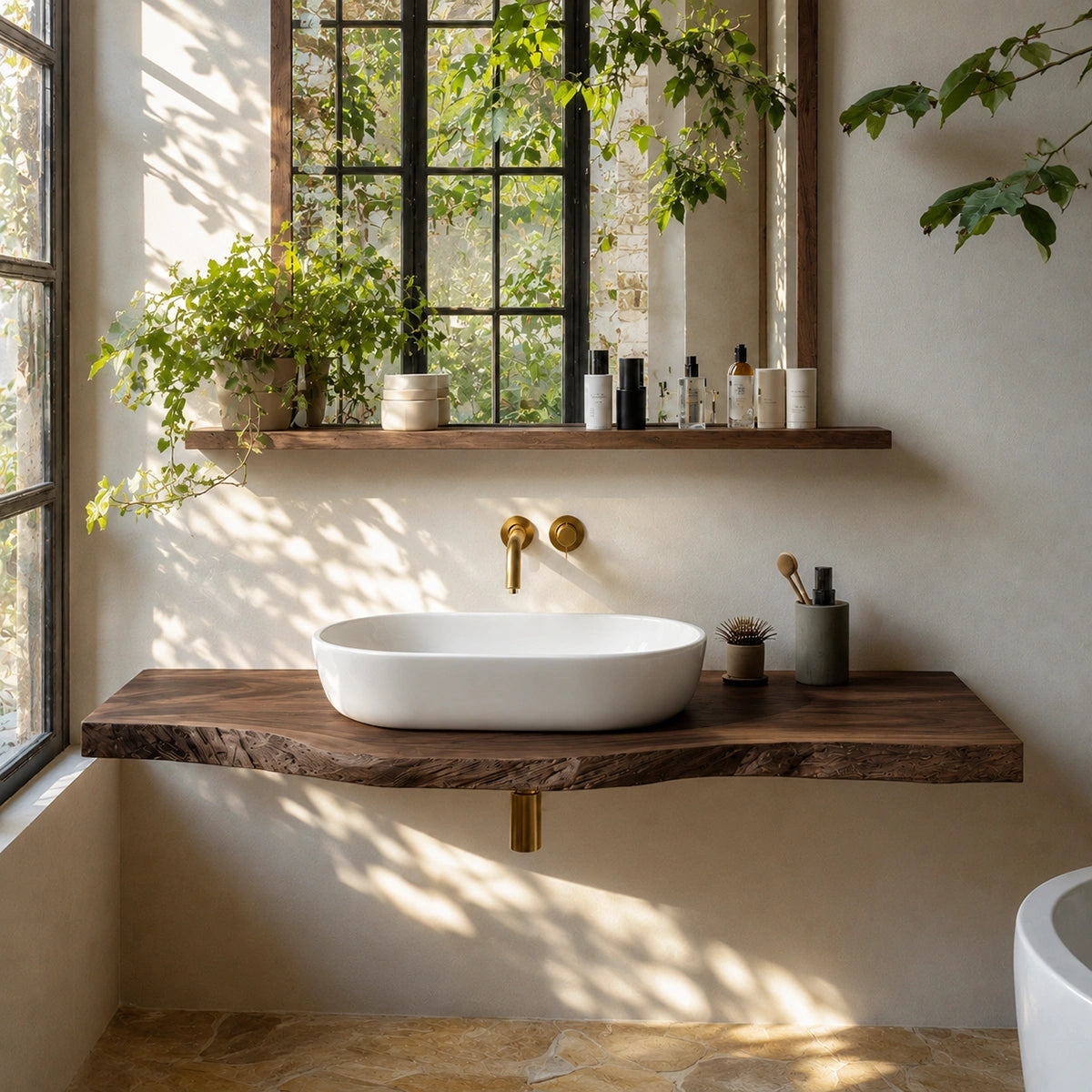 Natural Solid Wood Floating Bathroom Vanity with Sculptural Live Edge Top