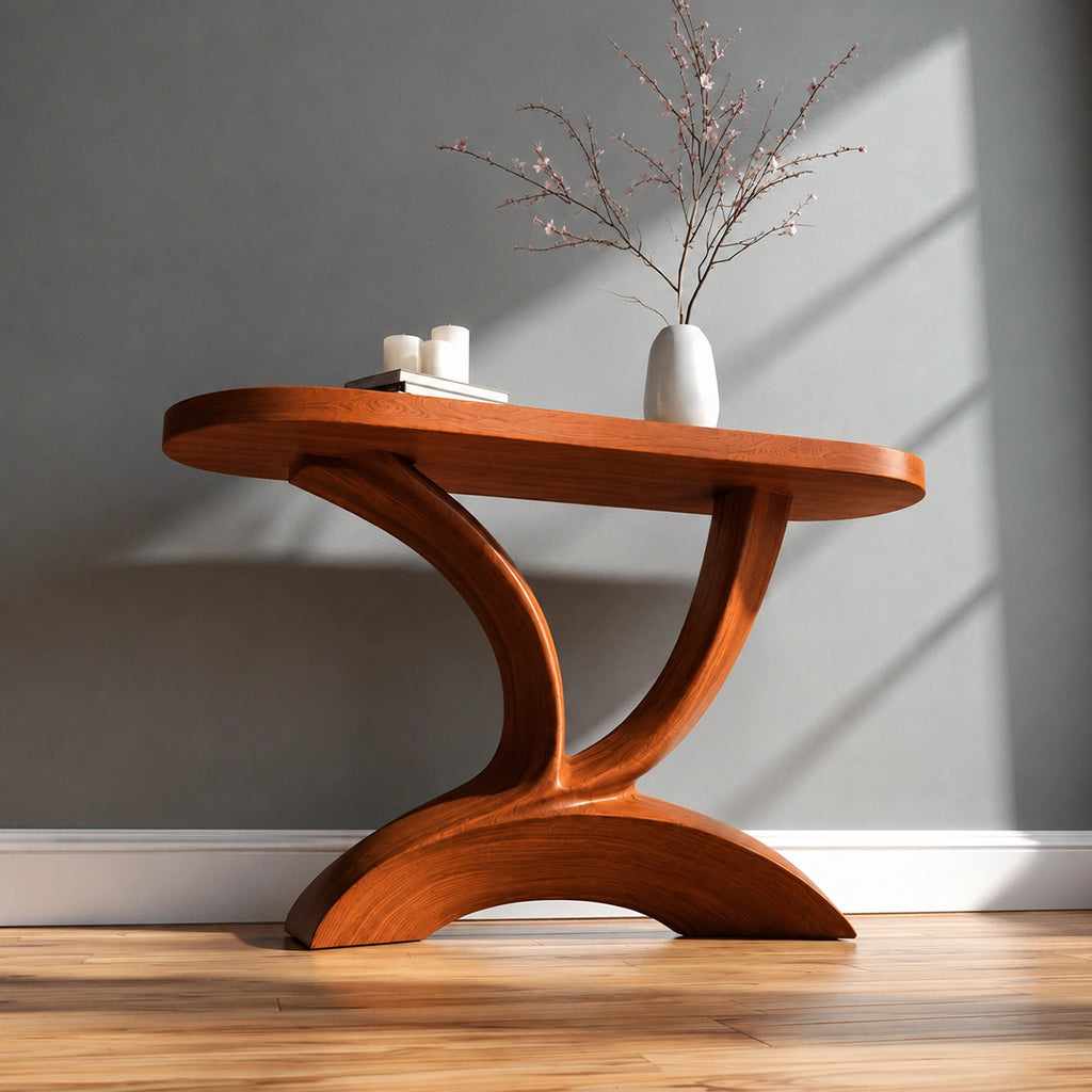 Sculptural Natural Solid Wood Console Table with Curved Pedestal Base