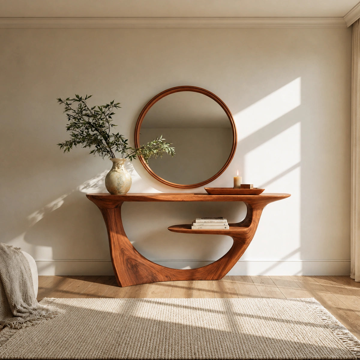 Sculptural Natural Solid Wood Console Table with Integrated Display Shelf