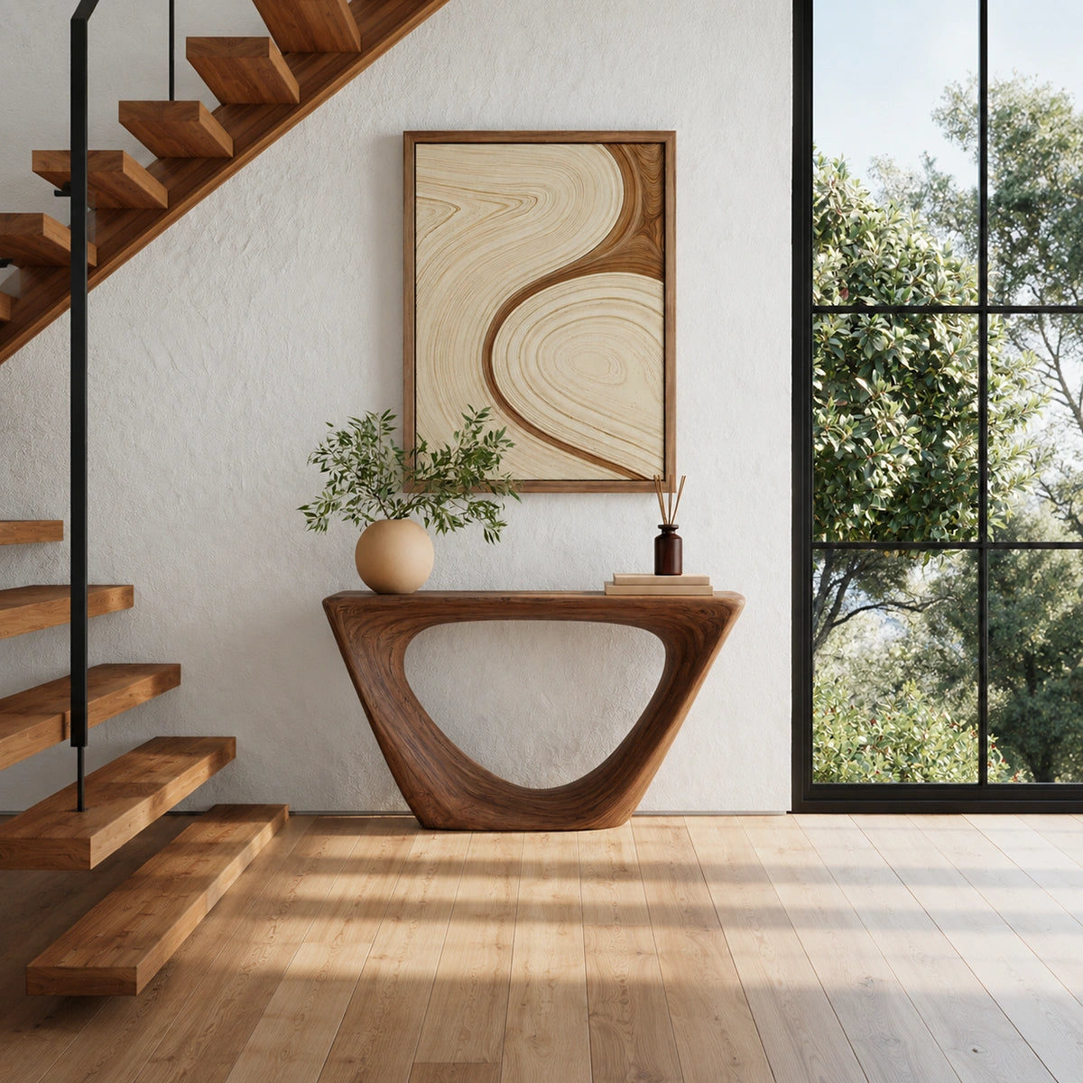 Sculptural Natural Solid Wood Console Table with Open Geometric Base
