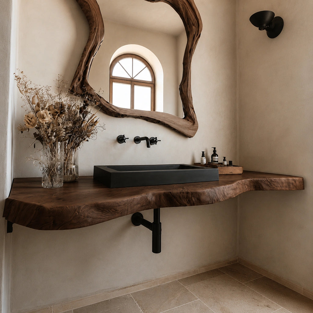 Natural Solid Wood Floating Bathroom Vanity with Hand Sculpted Live Edge