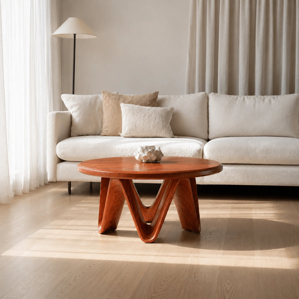 Natural Solid Wood Round Coffee Table with Sculptural V-Shaped Legs