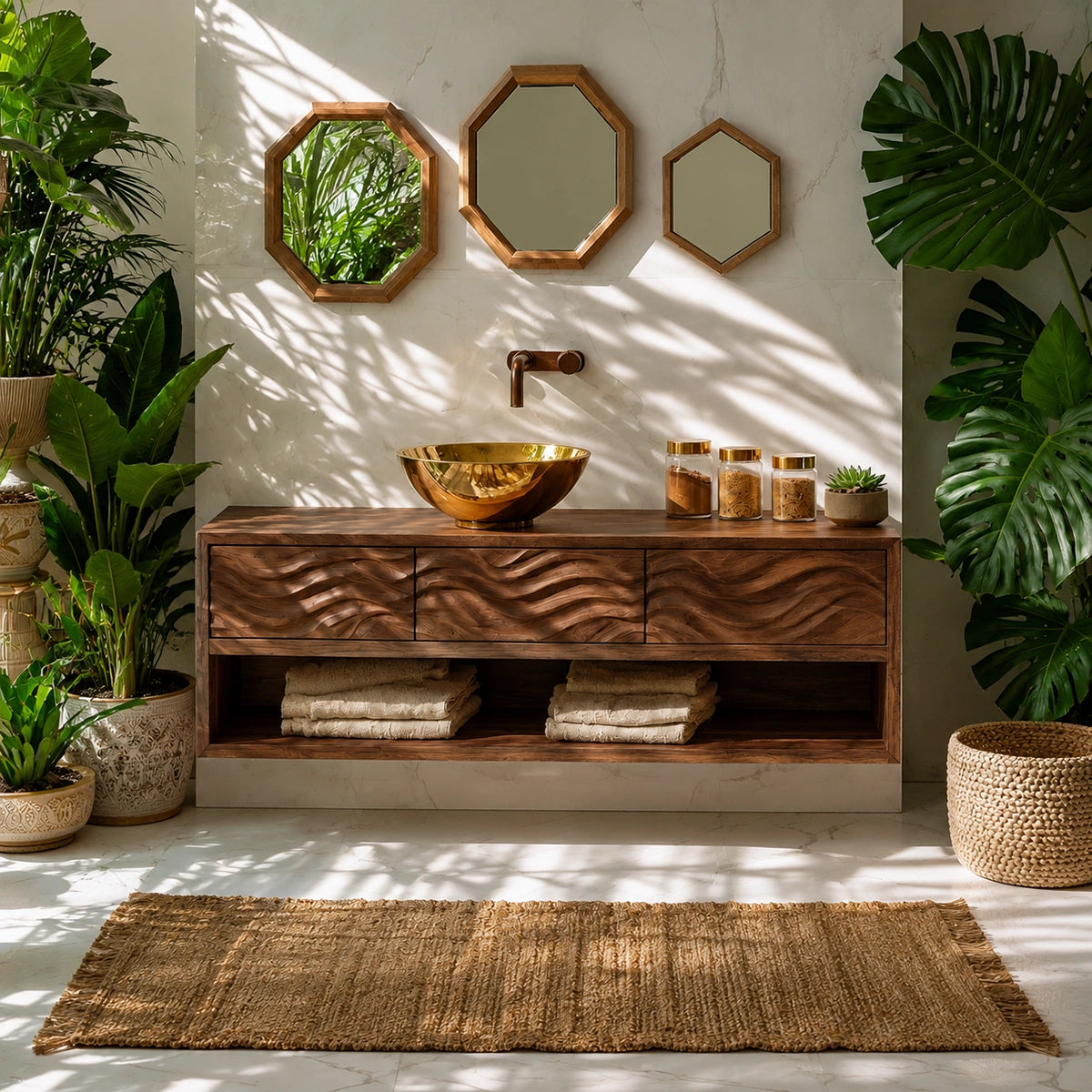 Natural Solid Wood Floating Bathroom Vanity with 3 Drawers and Open Shelf
