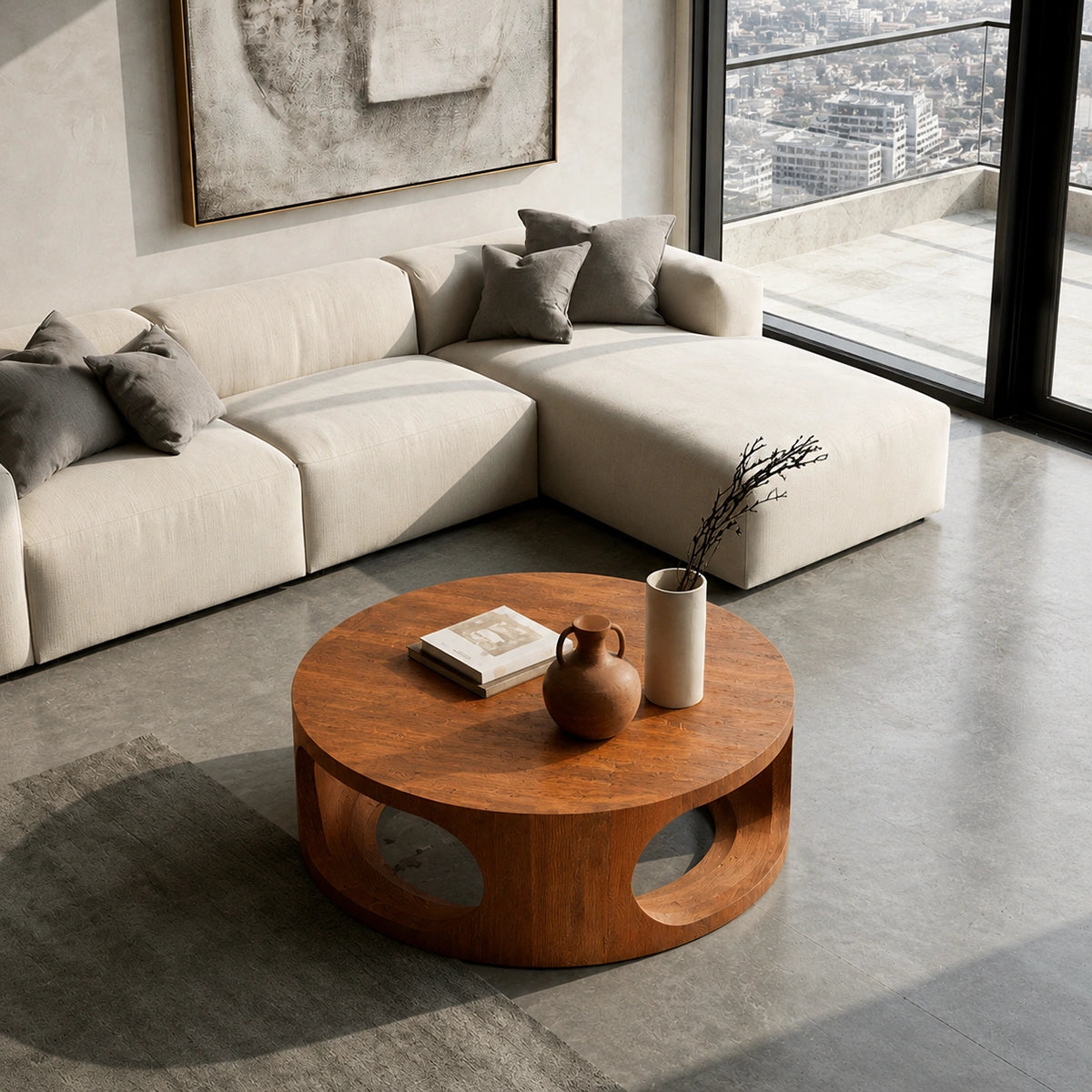 Natural Solid Wood Round Coffee Table – Sculptural Modern Style