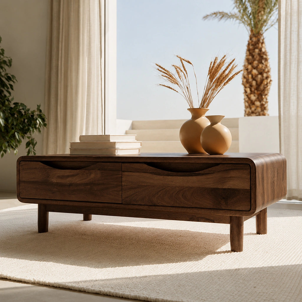 Rounded Natural Solid Wood Coffee Table with Two Storage Drawers