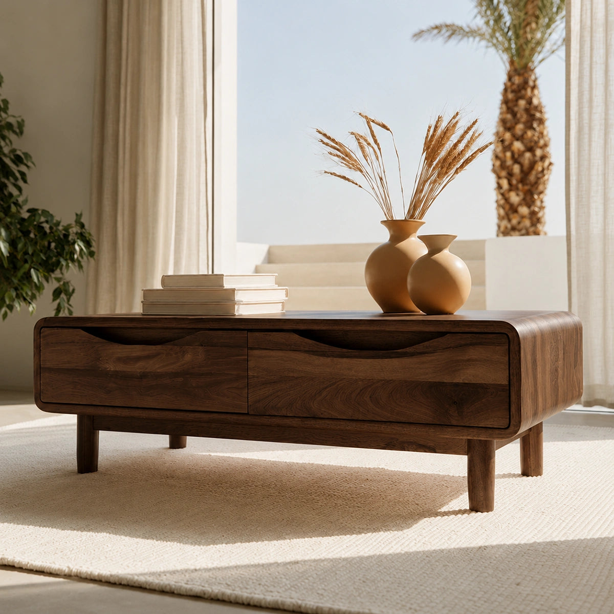 Rounded Natural Solid Wood Coffee Table with Two Storage Drawers