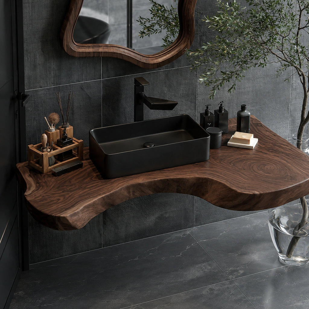 Natural Solid Wood Floating Bathroom Vanity with Sculptural Edge