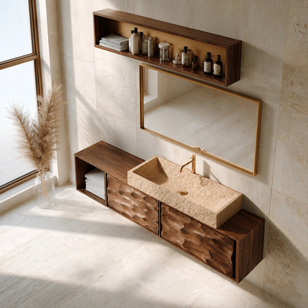 Natural Solid Wood Bathroom Cabinet with Side Shelf and 2 Doors