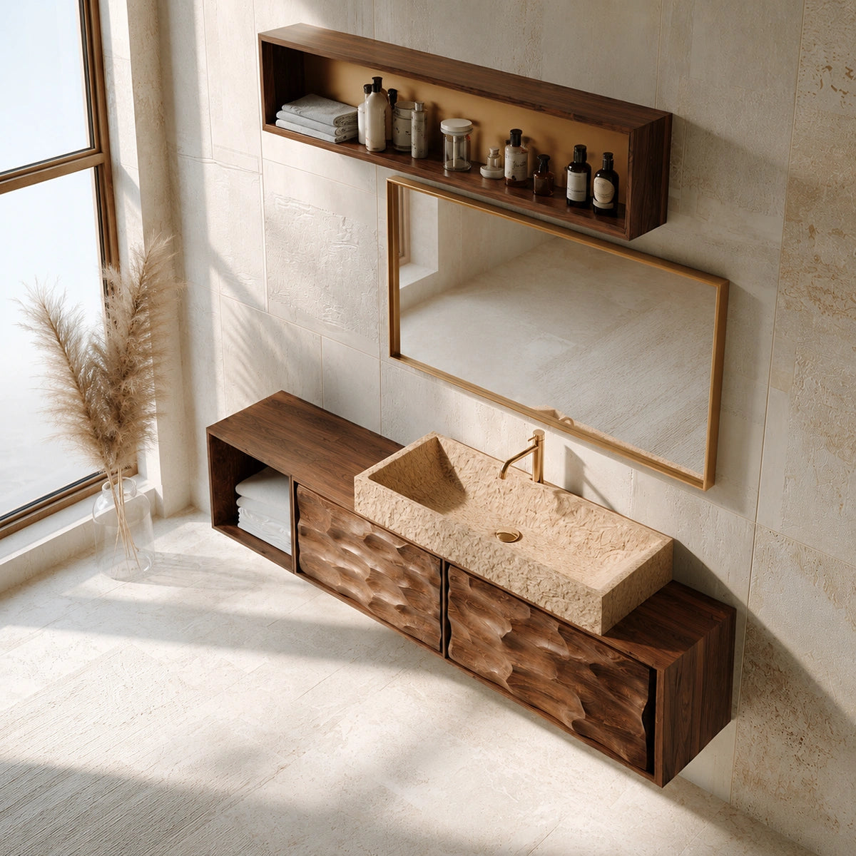 Natural Solid Wood Bathroom Cabinet with Side Shelf and 2 Doors