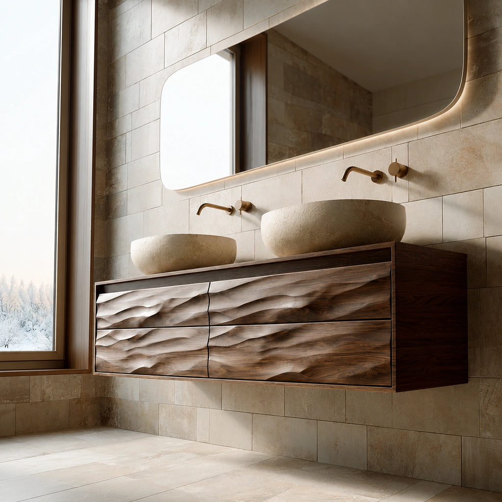 Natural Solid Wood Floating Double Bathroom Vanity with 4 Sculpted Drawers