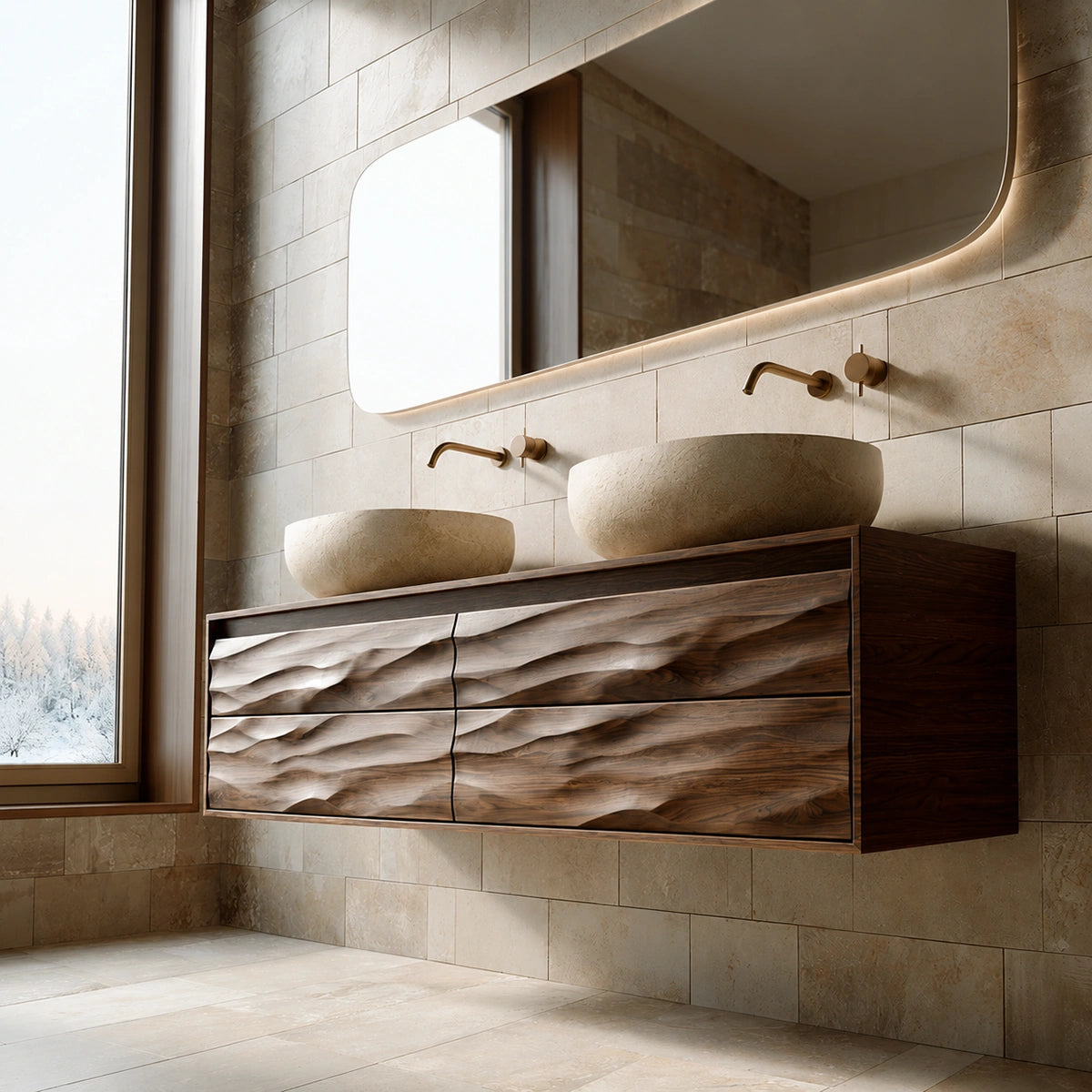 Natural Solid Wood Floating Double Bathroom Vanity with 4 Sculpted Drawers