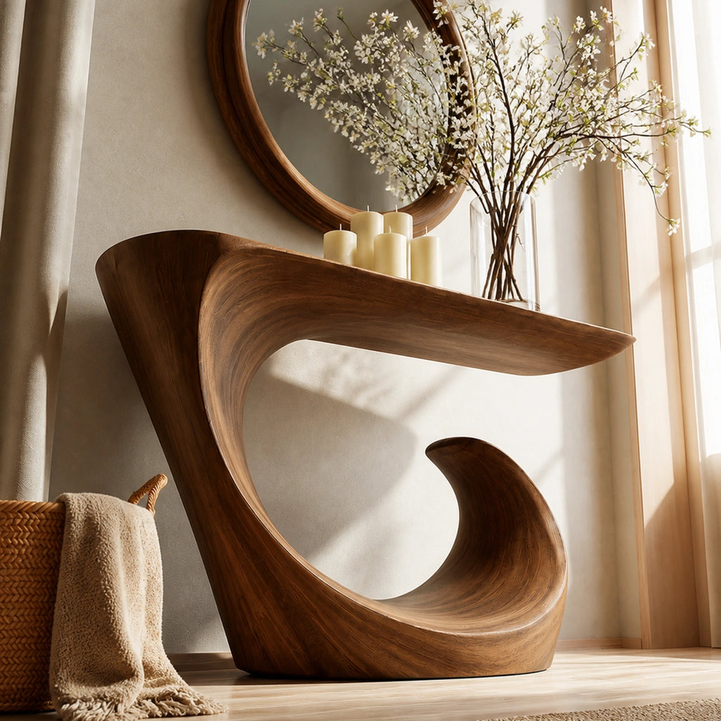 Wave Form Natural Solid Wood Console Table for Modern Entryways