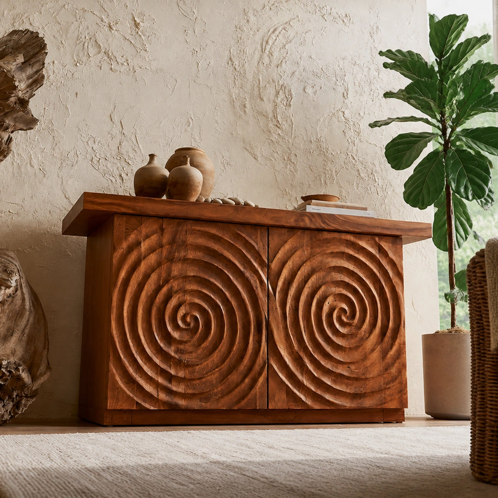 Spiral Carved Natural Solid Wood Sideboard Cabinet with Concealed Storage