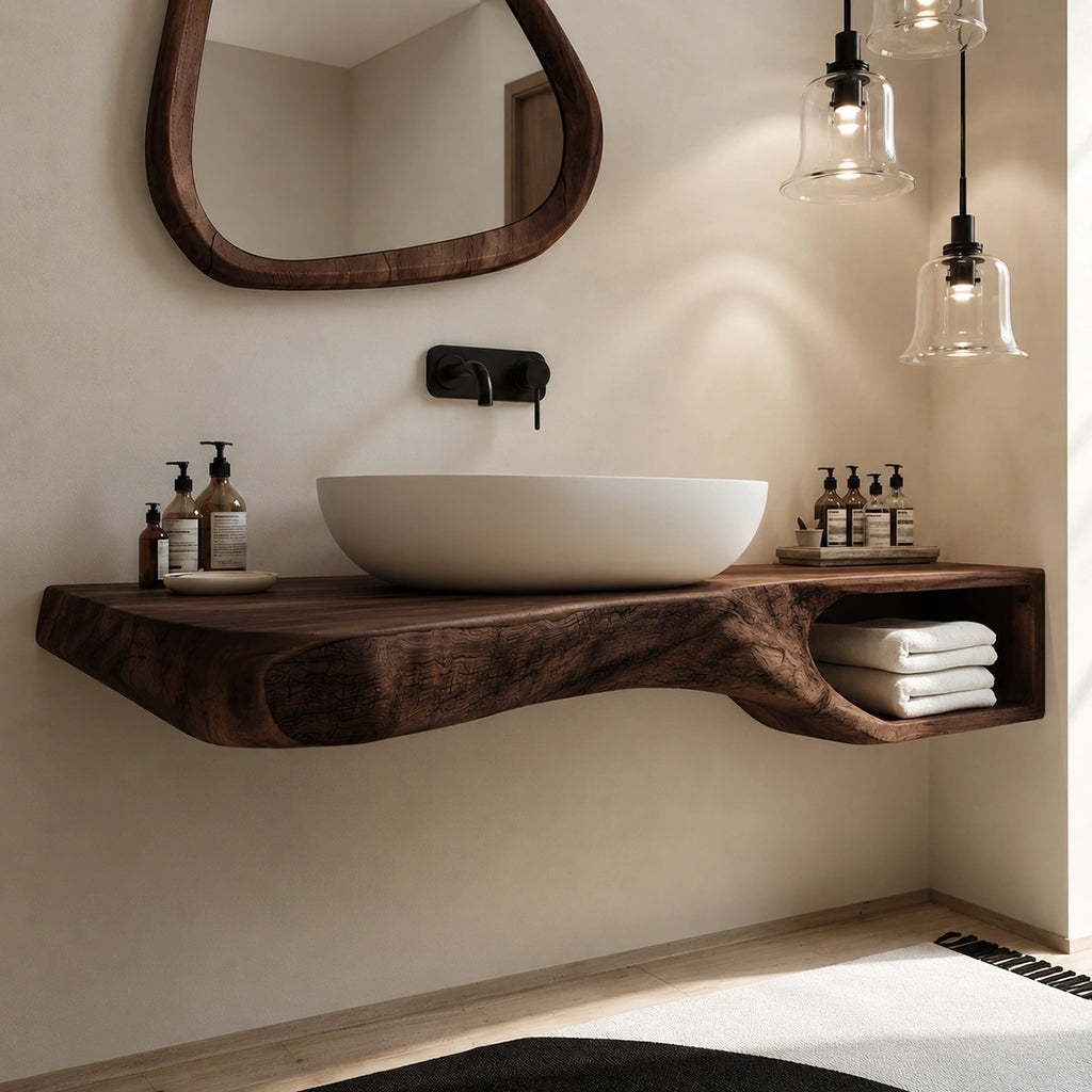Natural Solid Wood Floating Bathroom Vanity with Open Towel Shelf
