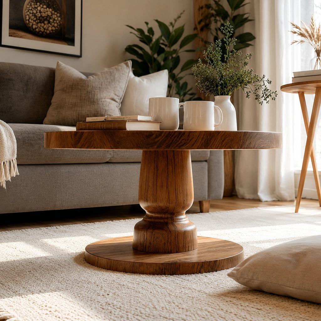 Natural Solid Wood Round Coffee Table – Sculptural Pedestal Style