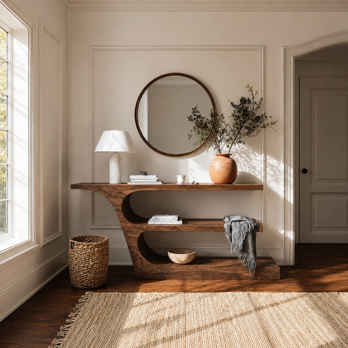 Natural Solid Wood Console Table with Sculptural Open Shelf Design