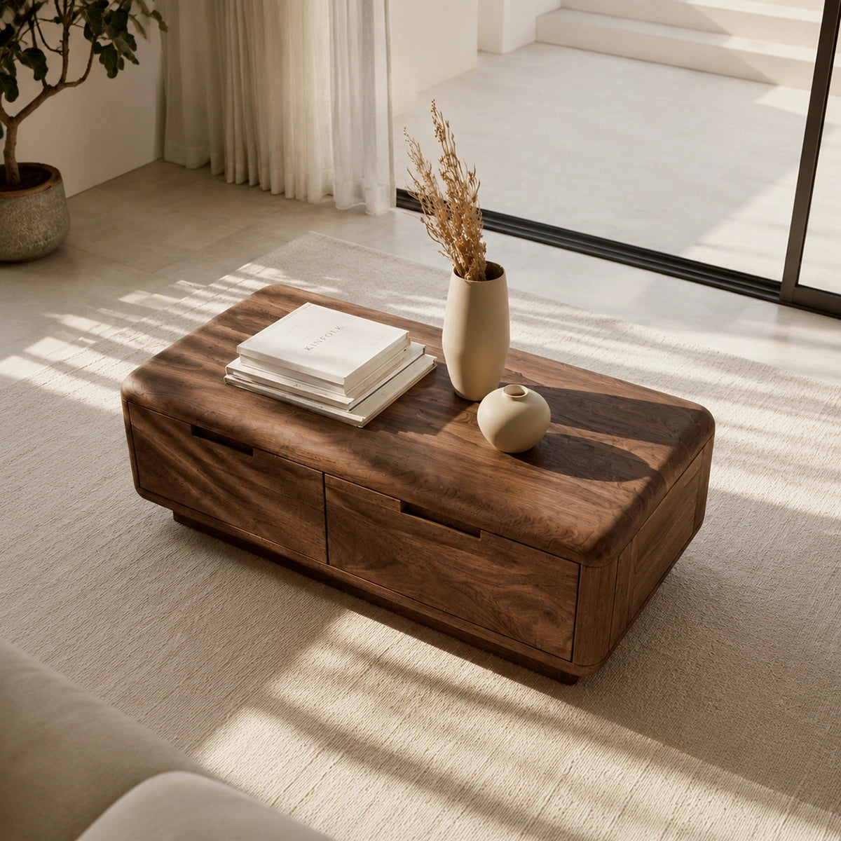 Natural Solid Wood Coffee Table – Rounded Modern Storage Style