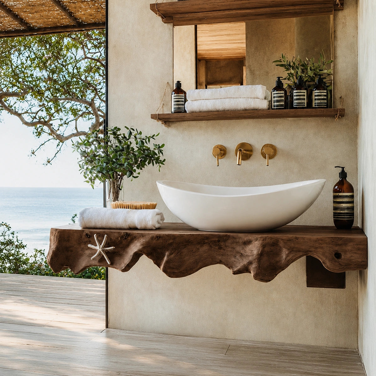Natural Solid Wood Floating Bathroom Vanity with Sculptural Root Edge Slab