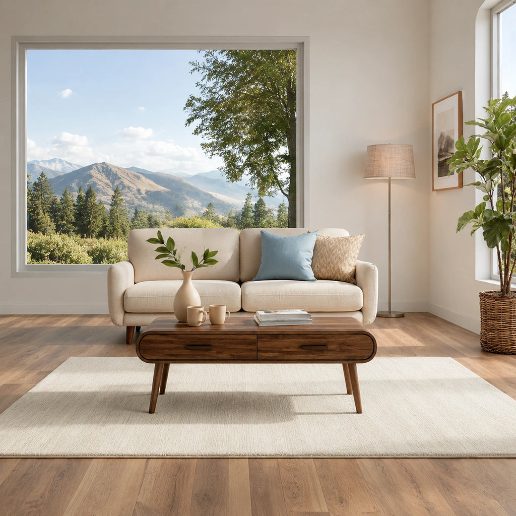 Natural Solid Wood Coffee Table with 2 Drawers – Mid-Century Modern Style