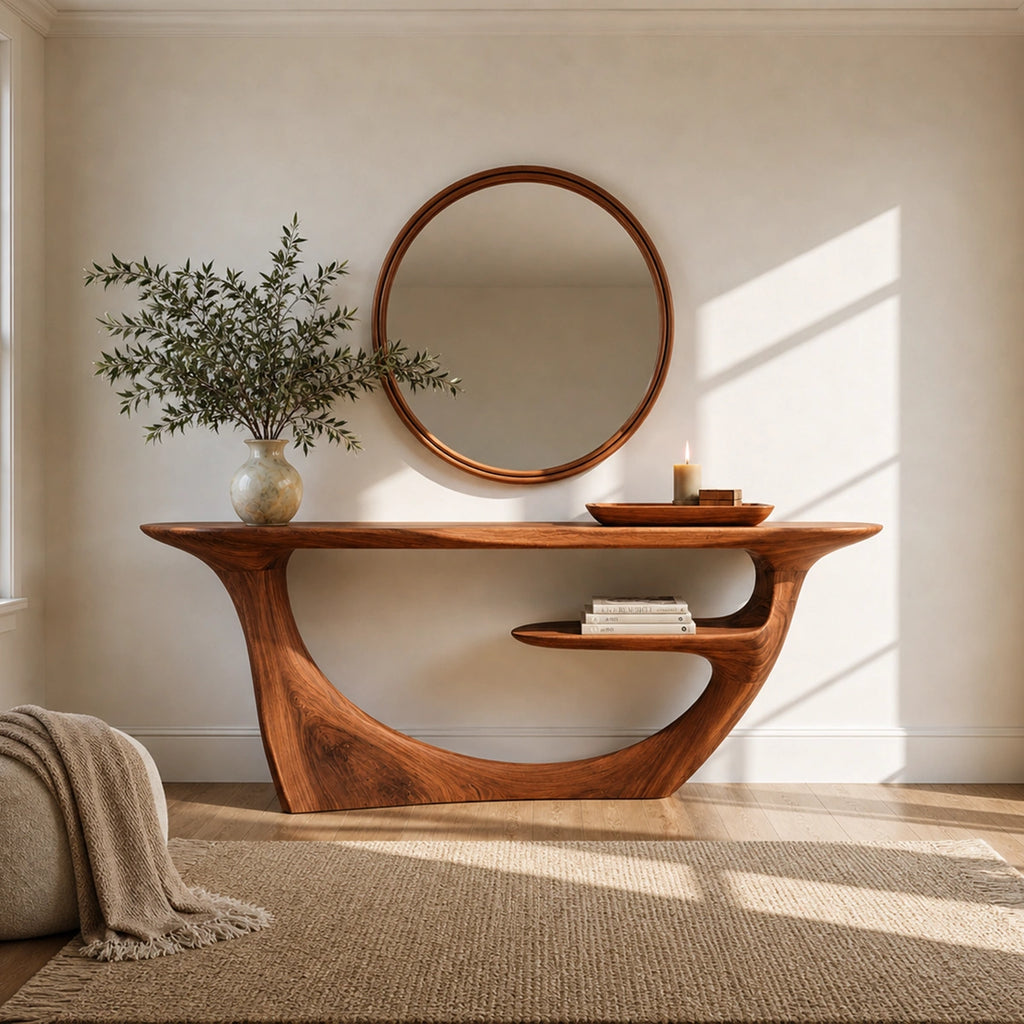 Natural Solid Wood Console Table with Sculptural Open Frame and Display Shelf
