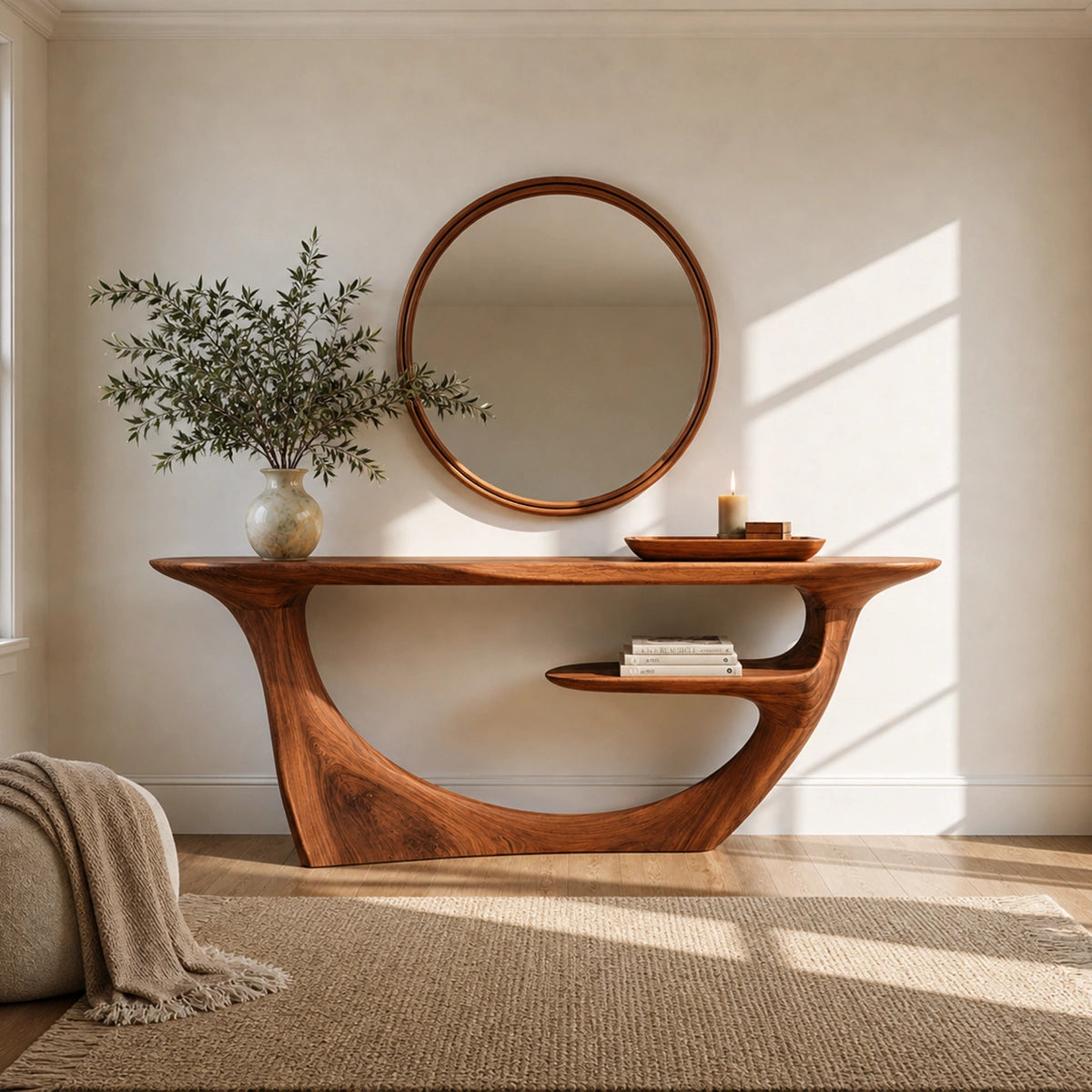 Natural Solid Wood Console Table with Sculptural Open Frame and Display Shelf