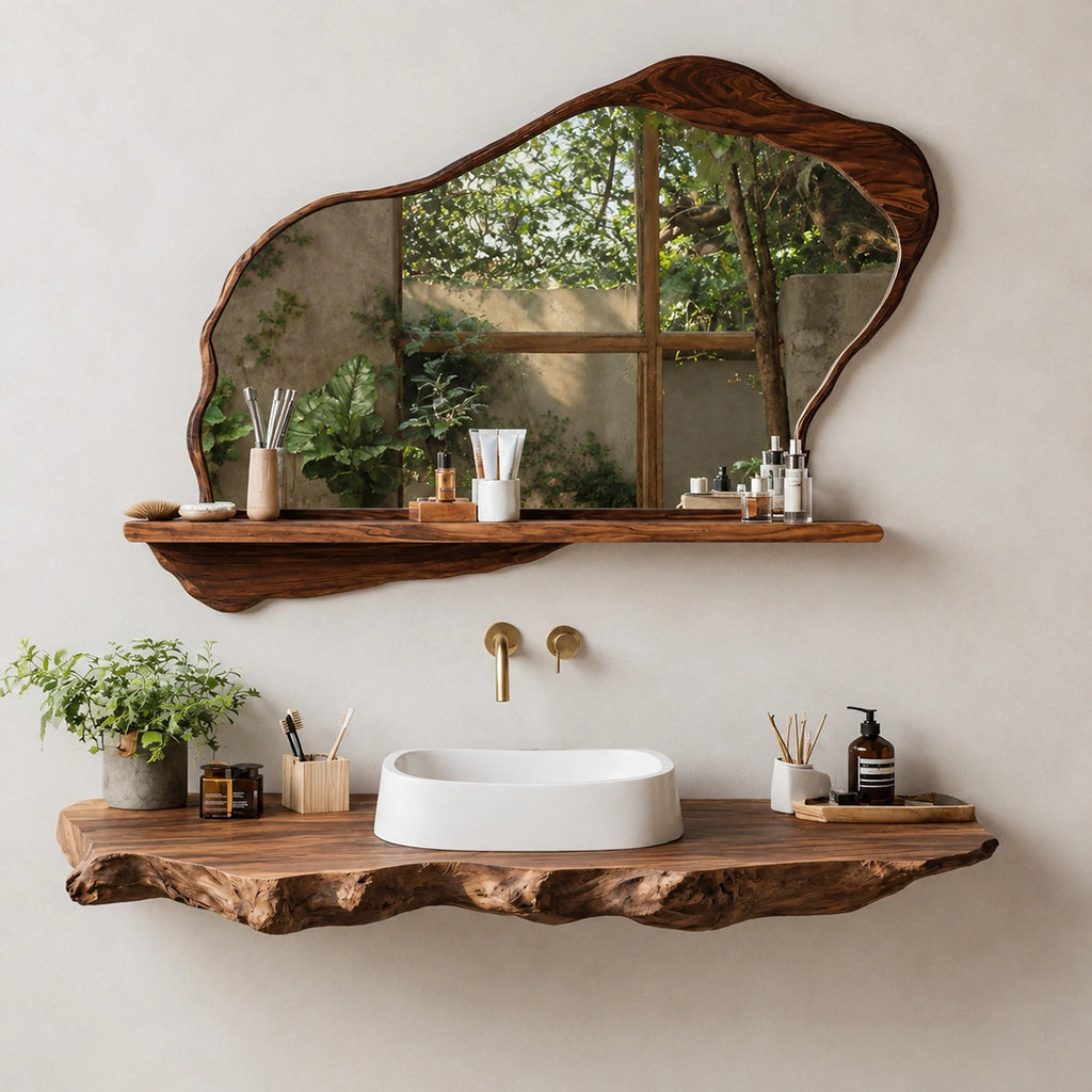 Natural Solid Wood Floating Bathroom Vanity with Sculptural Live Edge Slab
