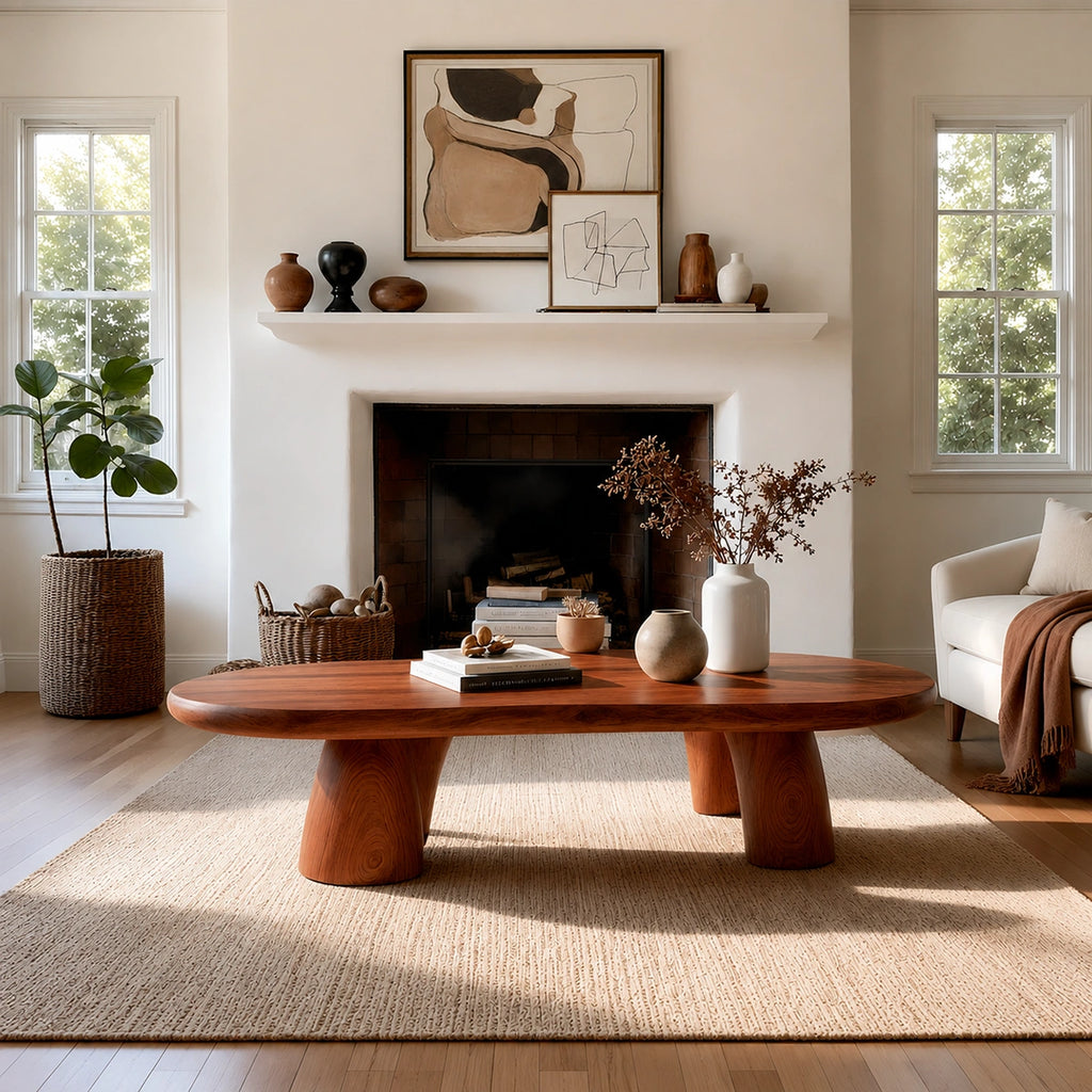 Natural Solid Wood Oval Coffee Table with Four Sculptural Legs