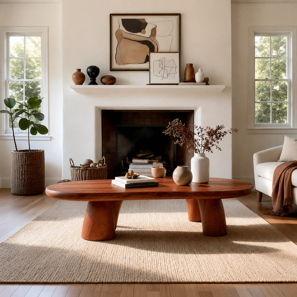 Natural Solid Wood Oval Coffee Table with Four Sculptural Legs