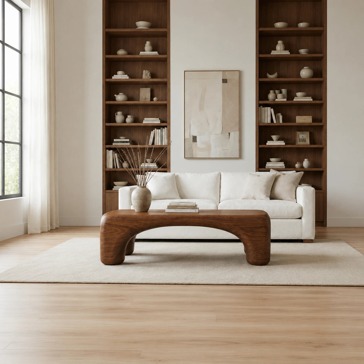 Natural Solid Wood Coffee Table with Rounded Top and Sculptural Arch Legs